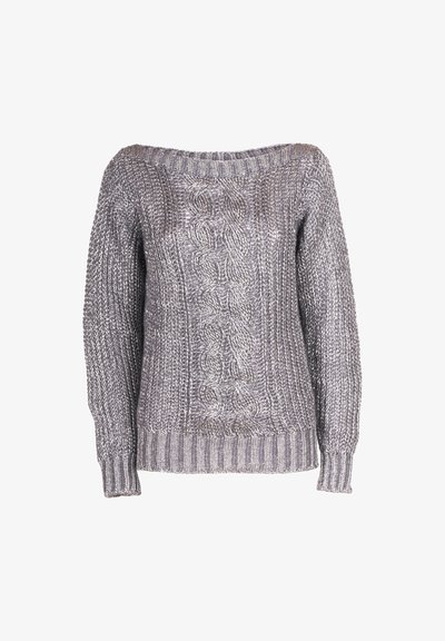 Sivi pleteni pulover z obliko, ki pade čez ramena, s kablovnim pletenjem in rebrastimi manšetami ter robom. Strukturirana preja z leskom.