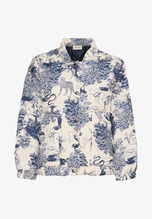 Gepolsterte Jacke in Creme mit blauem Tier- und Blattdruck. Verfügt über Druckknöpfe, einen hohen Kragen und elastische Bündchen für eine enge Passform.