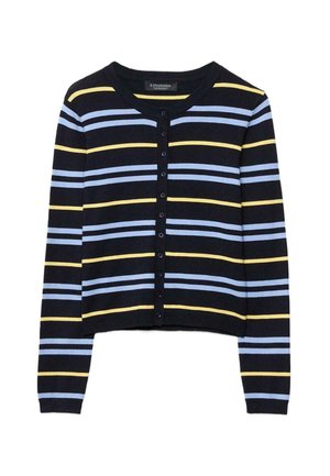 Cardigan noir à rayures horizontales bleu clair et jaune. Il présente un col rond, des manches longues et une fermeture à boutons sur le devant.