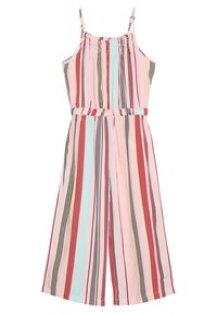 Béžový overal bez ramínek z lehkého materiálu, s vertikálními pruhy v růžové, červené, černé, modré a žluté, s elastickým pasem.