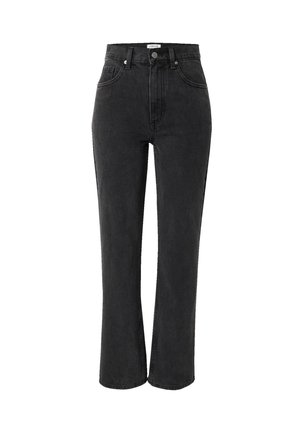 Zwarte denim jeans met een hoge taille, rechte pijpen en vijf-pocket stijl. Voorzien van een metalen knoop en ritssluiting.