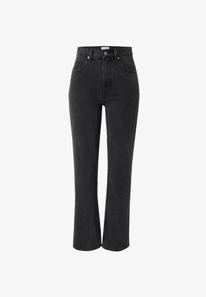 Zwarte denim jeans met een hoge taille, rechte pijpen en vijf-pocket stijl. Voorzien van een metalen knoop en ritssluiting.