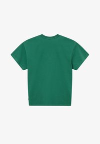 T-shirt vert uni à manches courtes et col rond, vu de dos sur un fond blanc.