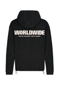 Schwarzer Kapuzenpullover mit "WORLDWIDE" in großen weißen Buchstaben und darunter "Sublevel Collection - True to Yourself" auf dem Rücken.