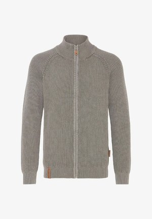 Grijze gebreide cardigan met een rits aan de voorkant, hoge kraag, geribde manchetten en zoom. Kenmerkt zich door een textuurpatroon en een klein leren logo-label.