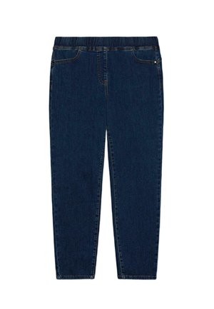 Donkerblauwe spijkerbroek met een elastische tailleband, rechte pijpen en twee voorzakken. Heeft gele stiknaden en een klein metalen detail.