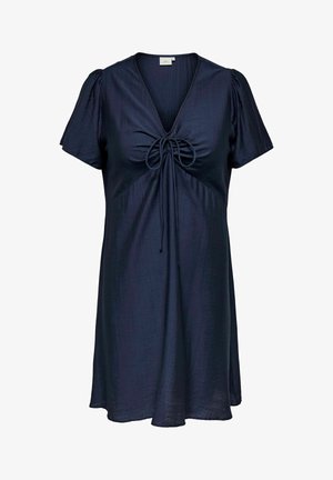 Temno modra obleka s kratkimi rokavi in V-izrezom, z naborkom spredaj, ki je zavezano z nastavljivim vrvico, izdelana iz lahkega teksturiranega blaga.