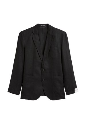 Schwarzer Leinenblazer mit einreihigem Design, zwei Knöpfen, Reverskragen, Brusttasche und zwei Fronttaschen. Glatte Textur.