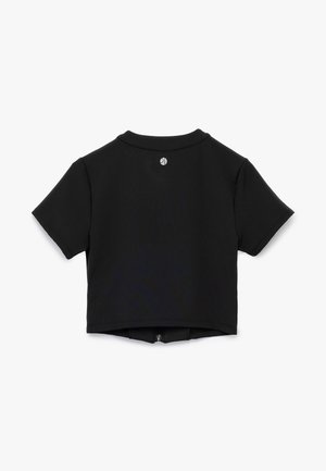 Mustat lyhythihaiset cropattu T-paita, saumaton malli, ilman näkyviä kuvioita, ja pieni logo niskan kohdalla. Sileä pinta.