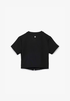 Mustat lyhythihaiset cropattu T-paita, saumaton malli, ilman näkyviä kuvioita, ja pieni logo niskan kohdalla. Sileä pinta.
