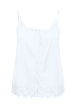 Top bianco senza maniche con chiusura frontale a bottoni, bretelle sottili e bordo in pizzo sangallo lungo l'orlo smerlato.
