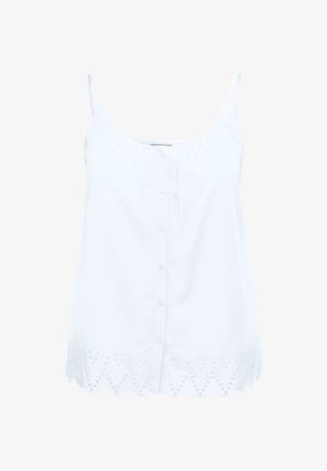 Biely tielkový top bez rukávov s gombíkmi vpredu, tenkými ramienkami a čipkovaným lemom s dierkami na vlnkovanom okraji.