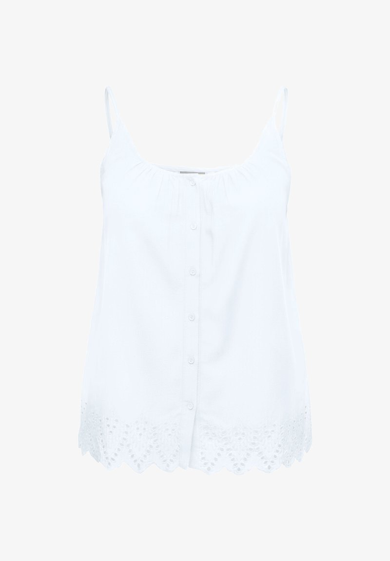 Λευκό αμάνικο τοπ με κουμπιά μπροστά, λεπτές τιράντες και δαντέλα με ανοιχτές τρύπες κατά μήκος της κυματιστής περικοπής.