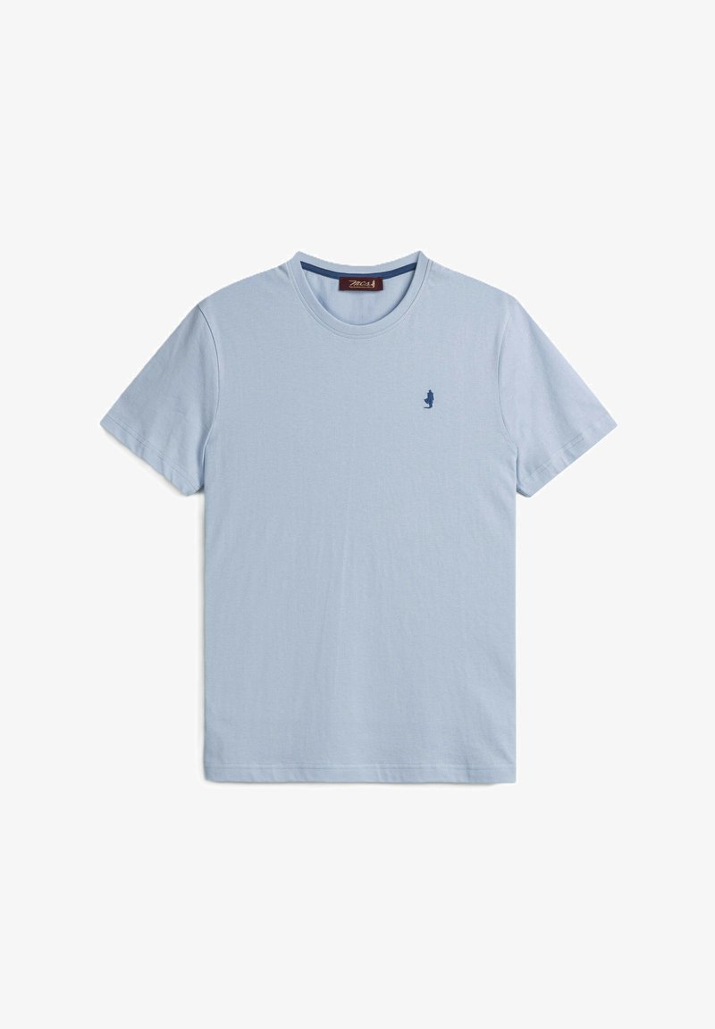 T-shirt in cotone blu chiaro con maniche corte, colletto rotondo e un piccolo logo navy sul petto. Morbida texture, vestibilità standard.