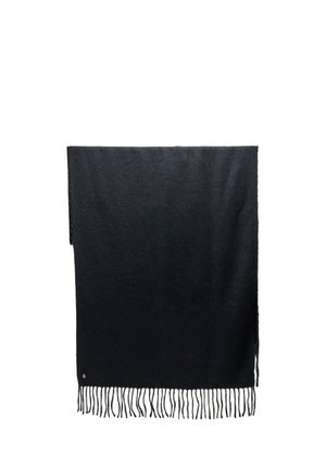 Écharpe rectangulaire noire avec des extrémités à franges suspendue à plat sur un fond blanc.