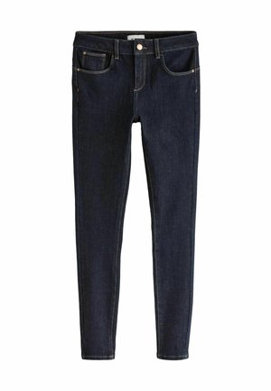 Tmavě modré džíny v úzkém střihu s hladkou texturou, pěti kapsami, předním zapínáním na knoflík a kontrastním prošitím.