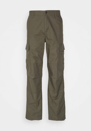 Olivefarbene Cargo-Hose mit geradem Schnitt, aus strukturiertem Stoff. Verfügt über große Seitentaschen und einen Knopfverschluss.
