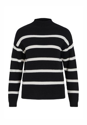 Svart-og-hvit stripete genser med høy hals, laget av ribbestrikket stoff, med lange ermer og en avslappet passform.