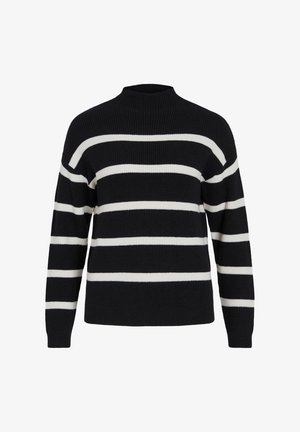 Svart-og-hvit stripete genser med høy hals, laget av ribbestrikket stoff, med lange ermer og en avslappet passform.