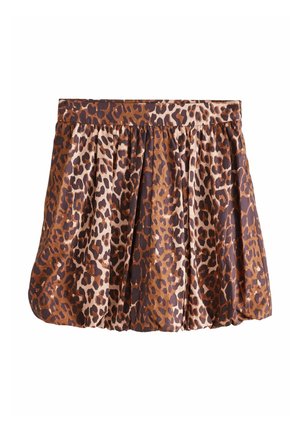 Suknja s leopard uzorkom i nabranim dizajnom, u nijansama smeđe i krem. Elastičan pojas za udobno pristajanje, glatka tekstura tkanine.