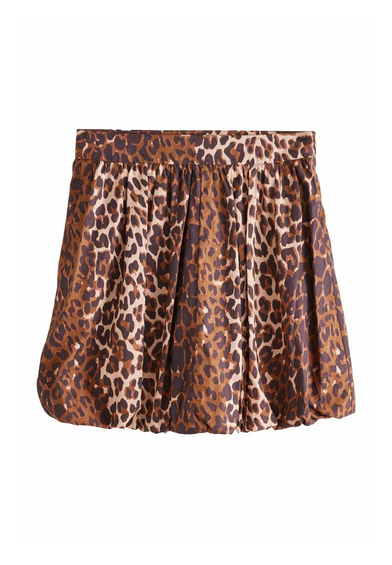 Jupe à imprimé léopard avec un design plissé, présentant des nuances de marron et de crème. Taille élastique pour un ajustement confortable, texture de tissu lisse.