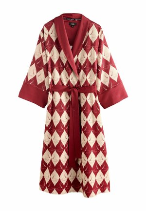 Red and cream patterned robe featuring a diamond design with swan motifs, a shawl collar, wide sleeves, and a tied waist belt.
