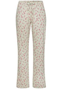 Hellbeige Pyjamahose mit rot-weißem Zuckerstangenmuster und verstellbarem Kordelzug in der Taille.