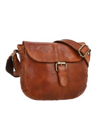 Borsa a tracolla in pelle marrone con chiusura a patta, tracolla regolabile e dettaglio in metallo. Superficie testurizzata con una forma arrotondata.