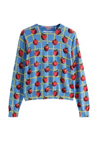 Knitted sweater in blue featuring a grid pattern of red apples with green leaves, set against a yellow grid design, with long sleeves.