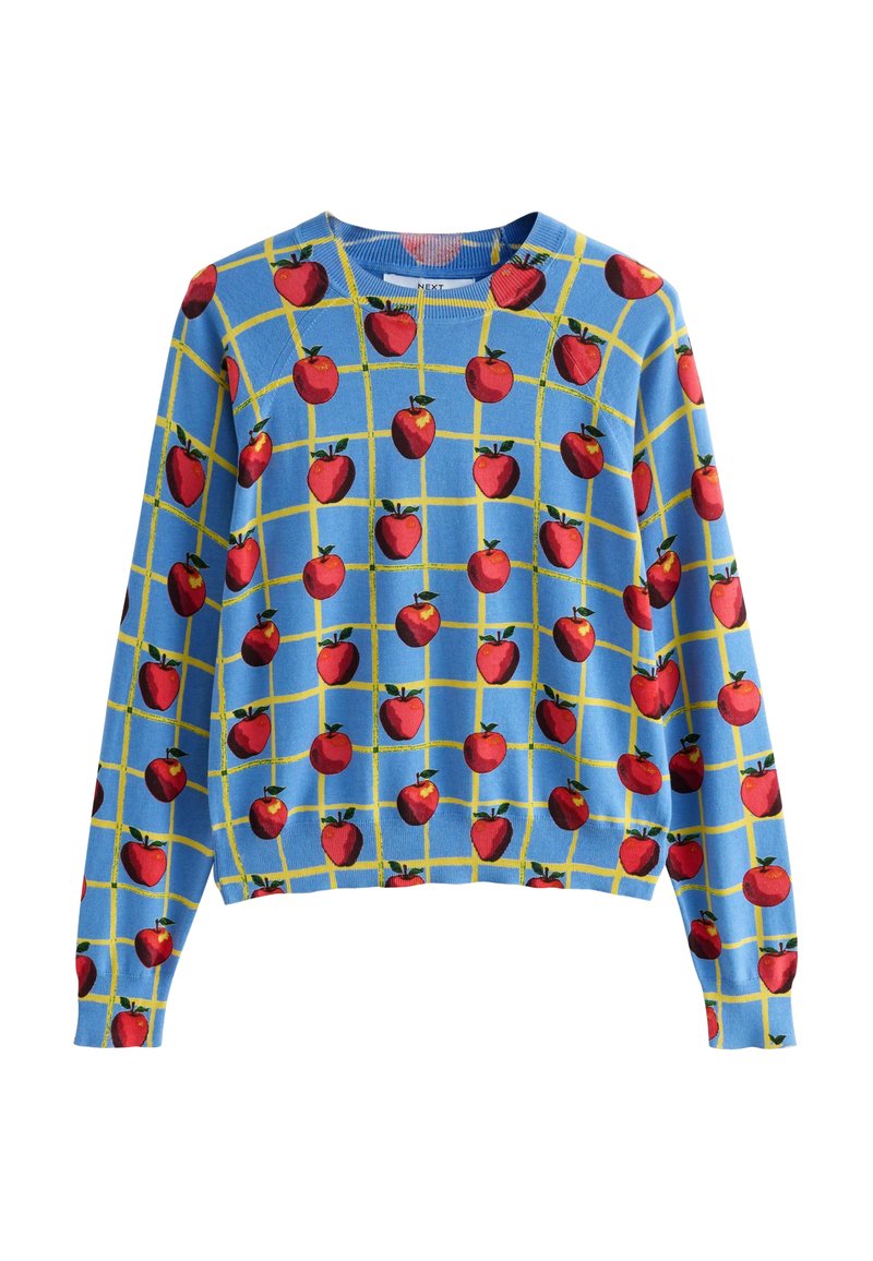 Knitted sweater in blue featuring a grid pattern of red apples with green leaves, set against a yellow grid design, with long sleeves.