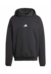 Sudadera con capucha negra y bolsillo tipo canguro, con tejido texturizado y un logo blanco de adidas en el pecho. Puños y dobladillo ajustados.