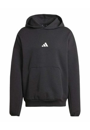 Sudadera con capucha negra y bolsillo tipo canguro, con tejido texturizado y un logo blanco de adidas en el pecho. Puños y dobladillo ajustados.