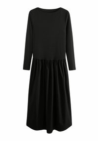 Svart långärmad klänning med ribbat överdel och rynkad kjol, med rund halsringning och flödande tyg för en avslappnad passform.