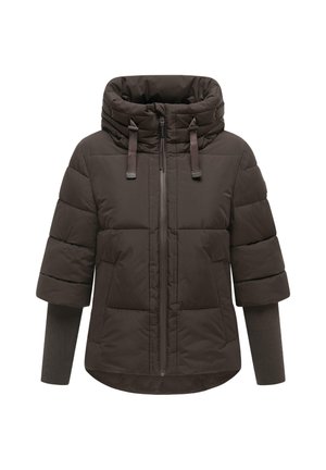 Veste matelassée marron foncé avec col montant, fermeture zippée devant, manches courtes bouffantes et longues manches intérieures en maille côtelée.
