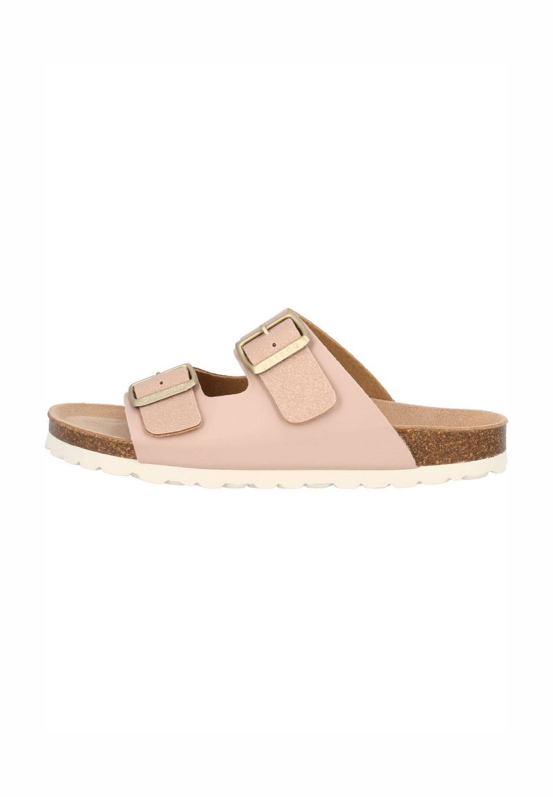 Rosa Rutschelsandalen mit zwei verstellbaren metallischen Schnallenriemen, einem Korkfußbett und einer weißen Gummisohle. Glattes Material mit mattierter Oberfläche.