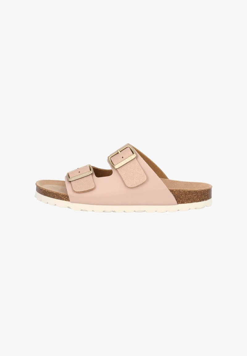 Sandalias de slide rosa con dos correas ajustables de hebilla metálica, una plantilla de corcho y una suela de goma blanca. Material suave con acabado mate.