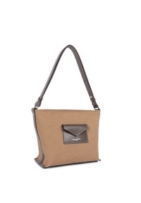 Sac à main en tissu beige avec une poignée en cuir marron foncé et un rabat de poche avant, embossé du logo "Lancaster Paris".