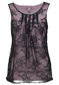 Černý krajkový top na ramínka s květinovými vzory, průhledným materiálem a kulatým výstřihem. Design zahrnuje vertikální akcenty na přední straně.