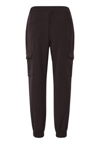 Pantalons cargo noirs avec des poignets élastiques, comportant deux poches latérales et deux poches arrière. Fabriqués à partir d'un tissu lisse et léger.