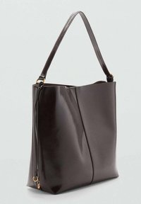 Dark brown leather shoulder bag with a single strap and gold-tone metal rings, featuring a smooth, slightly structured design.