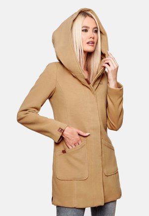 Tan hooded coat made of soft fabric. Features large front pockets, a zip closure, and brown leather accents at cuffs and pockets.