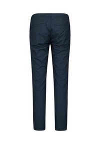 Marineblauwe broek met een gladde textuur en een elastische tailleband. Voorzien van twee achterzakken en taps toelopende benen voor een slim fit silhoeet.