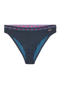 Tamsiai pilkos spalvos bikini apačia su tekstūruota medžiaga, kontrastinga mėlyna vidaus puse ir dekoratyvia daugiaspalve juosta juosmens srityje, kuri pasižymi geometriniais raštais.