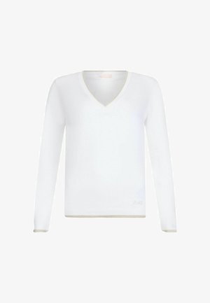 Biała, długa koszula z długim rękawem i dekoltem w kształcie litery V, o teksturowanym wykończeniu, z kontrastowym złotym obszyciem wzdłuż dekoltu i dolnej krawędzi.