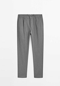 Pantalon formel gris avec poches avant, passants pour ceinture, fermeture par bouton et jambes fuselées, posé à plat sur un fond blanc.