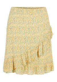 Květinová zavinovací sukně s světle žlutým a modrým vzorem, s volánkovým lemem a měkkou texturou látky. Sukně do poloviny stehno.