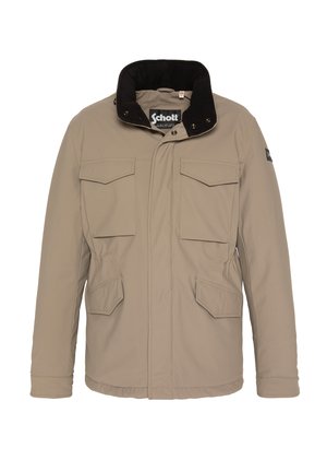 Tan insulated jacket with a black corduroy collar, two chest pockets, and two side pockets; features snap buttons and a zip closure.