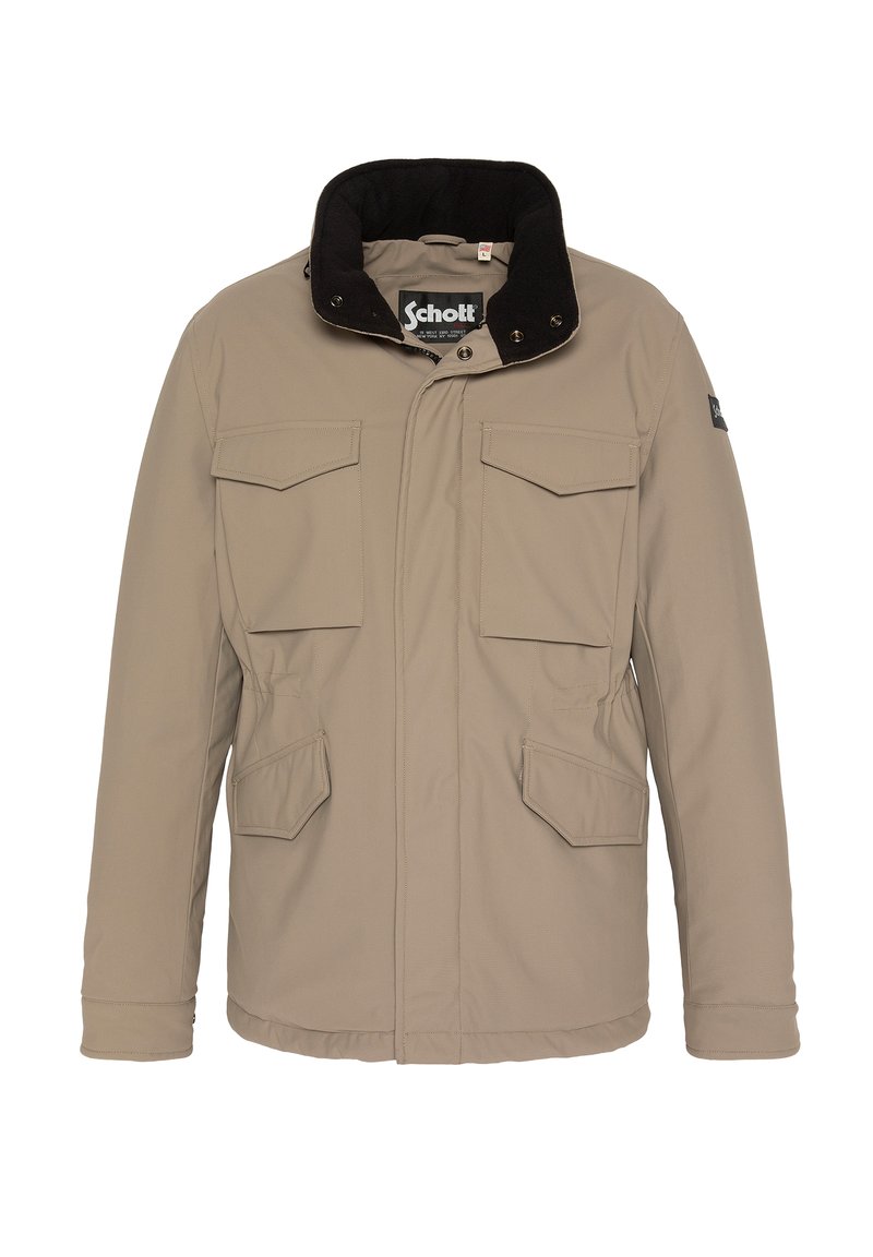 Giacca imbottita color beige con colletto in velluto a coste neri, due tasche sul petto e due tasche laterali; presenta bottoni a scatto e chiusura con zip.