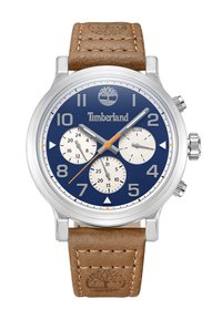 Orologio Timberland con cassa in acciaio inossidabile argentato, quadrante blu, tre sotto-quadranti e cinturino in pelle marrone con accenti testurizzati.