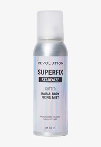 Metallisk silver sprayburk med en frostad vit kork. Har en holografisk etikett med svart text. Innehåller 125 ml hår- och kroppsfixeringsmist.